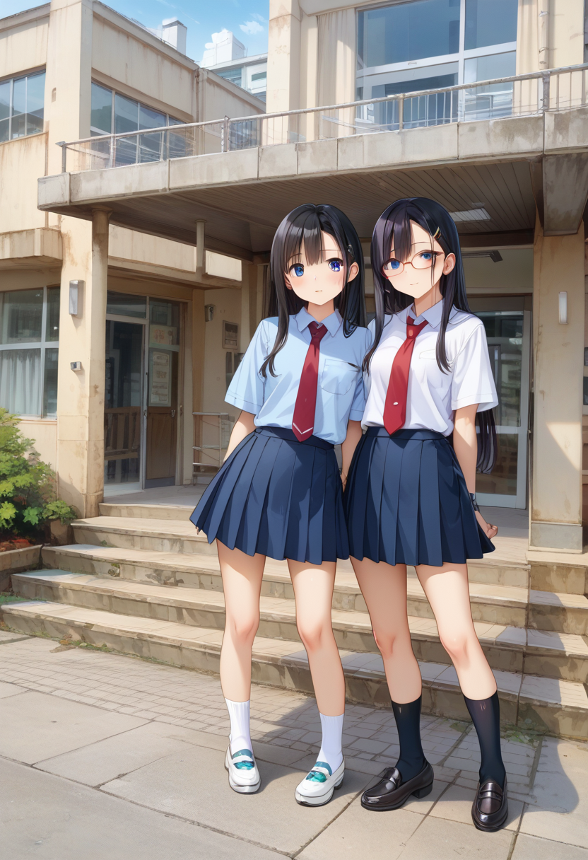 score_9, score_8_up, score_7_up, rating_safe, masterpiece, best quality, absurdres, unity 8k wallpaper, official art, official style, source_anime, uncensored, game cg, megami magazine,
multiple girls, glasses, black hair, long hair, blue eyes, collared shirt, red necktie, pleated skirt, blue skirt, socks, shoes, 
genkan, syoukouguchi, scenery, building, window, school, tree, japan, door, cityscape, city, sky, outdoors
 <lora:gakkou_syokoguchi_PONY_V1:1>