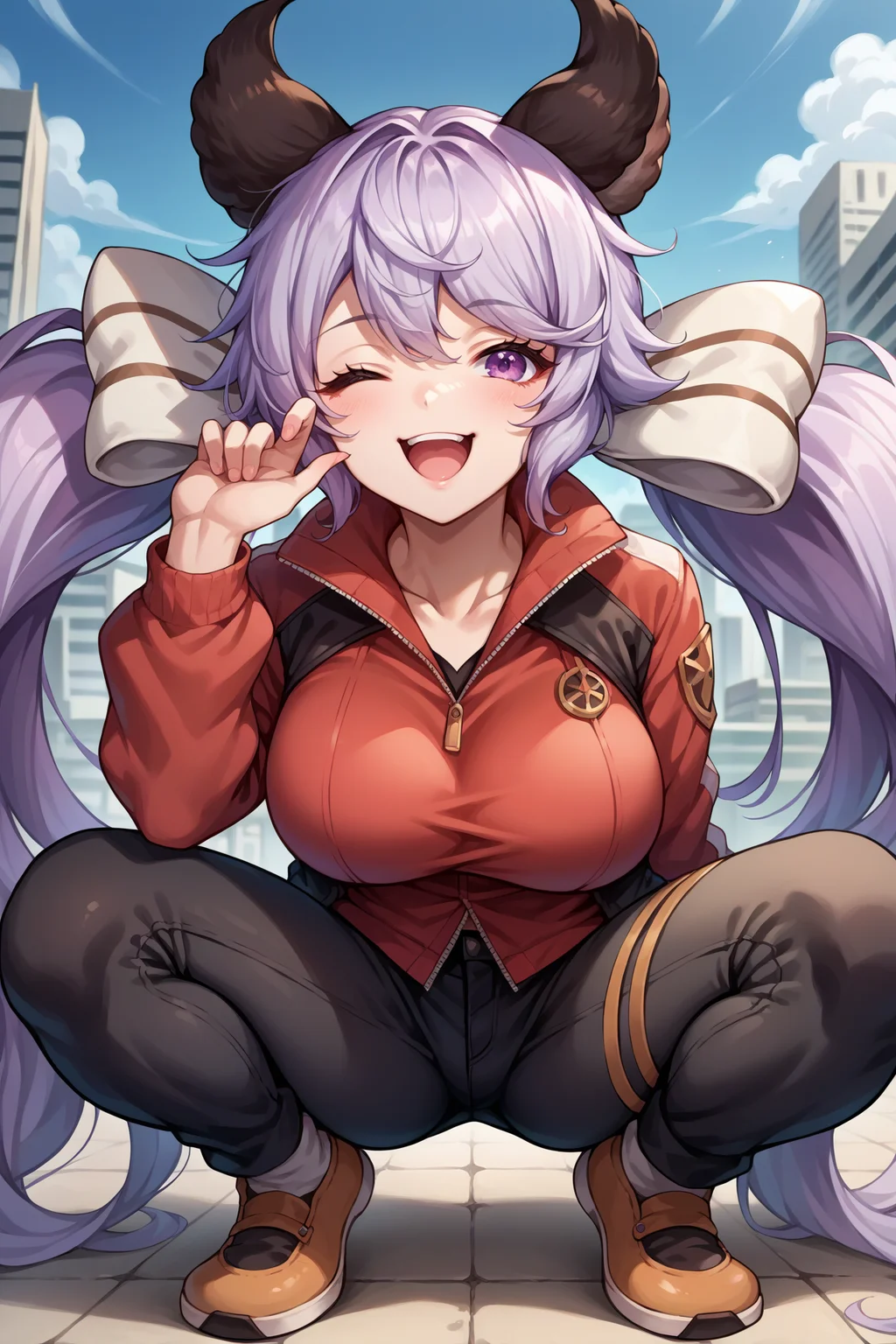 score_9, score_8_up, score_7_up, score_6_up, source_anime, 1girl, solo, <lora:gbfsatyr-pdxl-nvwls-v1-000005:1> defStr, animal ears, lavender hair, purple eyes, very long hair, twintails, white bow, squatting, wink, happy, open mouth, puffy jacket, red shirt, black pants, looking at you, city, blue sky, large breasts