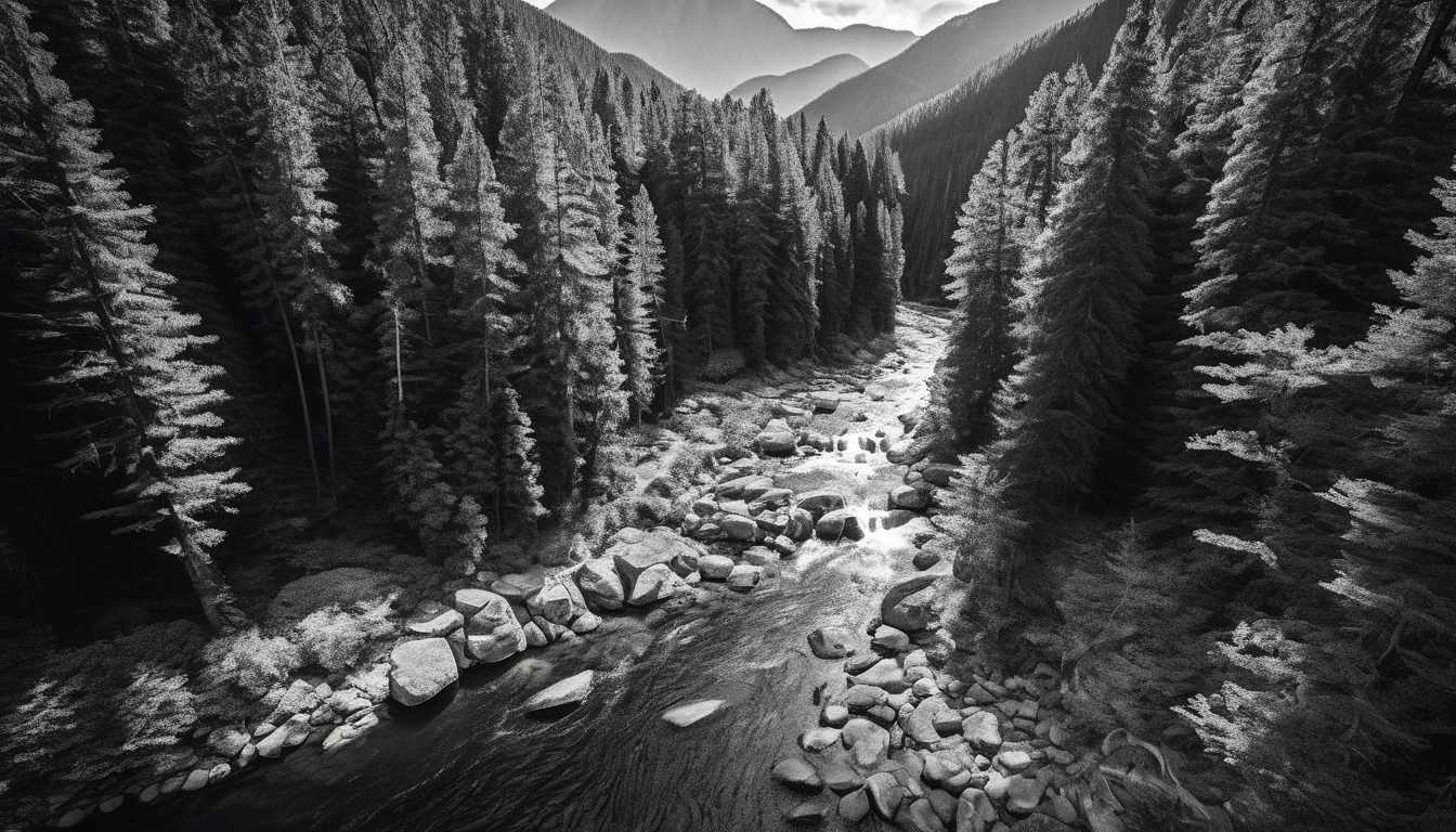 amazing photograph of gorgeous view, award winning, breathtaking, photo of the year, 4k, hyperrealistic, dramatic lighting  <lora:Landscape_Unleashed:0.8>
In the black and white photograph, a winding river is surrounded by lush forest. The scene captures the serenity of nature with the water flowing through trees on one side, creating a peaceful atmosphere. Several pine trees can be seen in the image, some closer to the foreground while others are situated further back in the frame.  The photograph is taken from an elevated perspective, possibly by using a camera or binoculars from above ground level. The viewpoint appears to be angled downwards, providing a dynamic composition that showcases the beauty of the water and surrounding foliage.