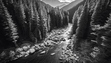 amazing photograph of gorgeous view, award winning, breathtaking, photo of the year, 4k, hyperrealistic, dramatic lighting <lora:Landscape_Unleashed:0.8>
In the black and white photograph, a winding river is surrounded by lush forest. The scene captures the serenity of nature with the water flowing through trees on one side, creating a peaceful atmosphere. Several pine trees can be seen in the image, some closer to the foreground while others are situated further back in the frame. The photograph is taken from an elevated perspective, possibly by using a camera or binoculars from above ground level. The viewpoint appears to be angled downwards, providing a dynamic composition that showcases the beauty of the water and surrounding foliage.