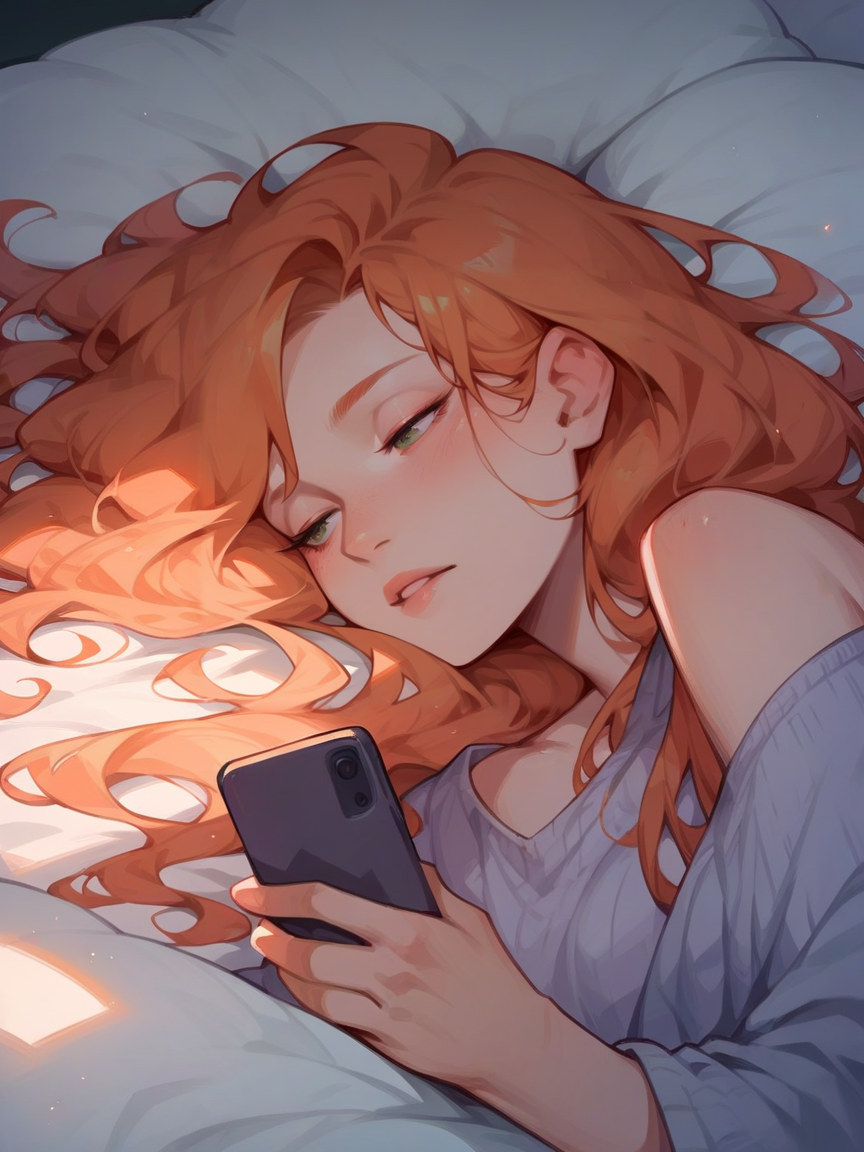 score_9, score_8_up, score_7_up, score_6_up, score_5_up,   <lora:ph0n3XLP_r1:1> ph0n3, holding phone, lying, 1girl, long hair, ginger hair,