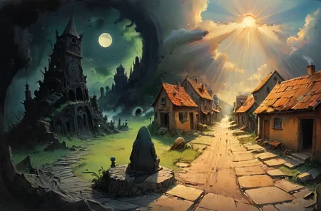 studio ghibli, darkest necropolis night of the envy sitting dead wast landscape, moon, eclipse, fog, BREAK brightest day of the happy living thriving busy (village:1.1) city, sun, god-rays, highly detailed, landscape, panorama, wide-angle, moody, atmospheric, masterpiece, high resolution, hdr, 8k, composition, shadows, clouds, <lora:- SDXL - vanta-black_contrast_V3.0:0.7>, <lora:- SDXL - otclillsn_impossible_geo_V1.0:0.7>, <lora:dfantasy:0.8>, <lora:The_Simplest:0.8>, <lora:DonMP41n717Bl4ckXL:0.4>, <lora:SDXL - Style - EldritchRomanceIllustration1.3.1:0.4>, <lora:artfullyECHELIER_SDXL_V1:0.4>