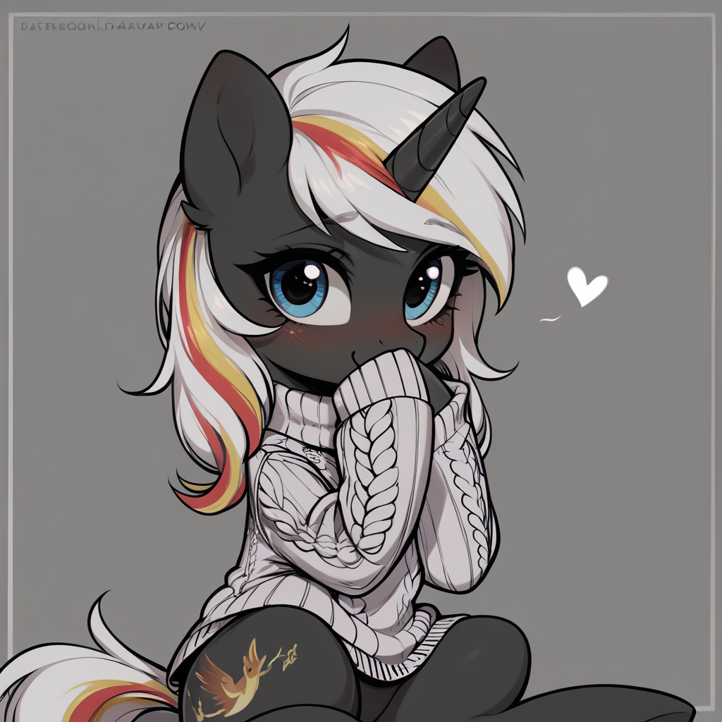 score_9, score_8_up, score_7_up BREAK
source_pony, velvet remedy, unicorn, pony, aran sweater, oversized clothes, cute, daaaaaaaaaaaw, covering mouth, blushing, detailed, best quality, detailed sweater <lora:vlvt_rem3:1> <lora:LineArt Mono Style LoRA_Pony XL v6:1>