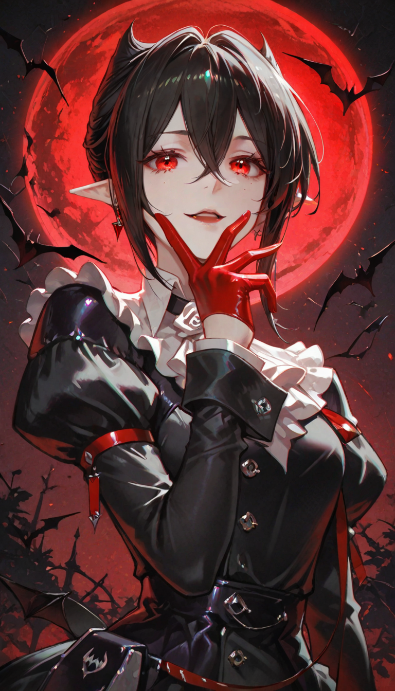 anime style, entelechia \(arknights\), comfy bed, safe rating, masterpiece, best quality, amazing quality, very aesthetic, absurdres, newest,

,
1girl, red eyes, solo, pointy ears, black hair, gloves, red gloves, jewelry, ((upper body)), white ascot, short hair, earrings, looking at viewer, vampire, moon, bat (animal), black dress, black footwear