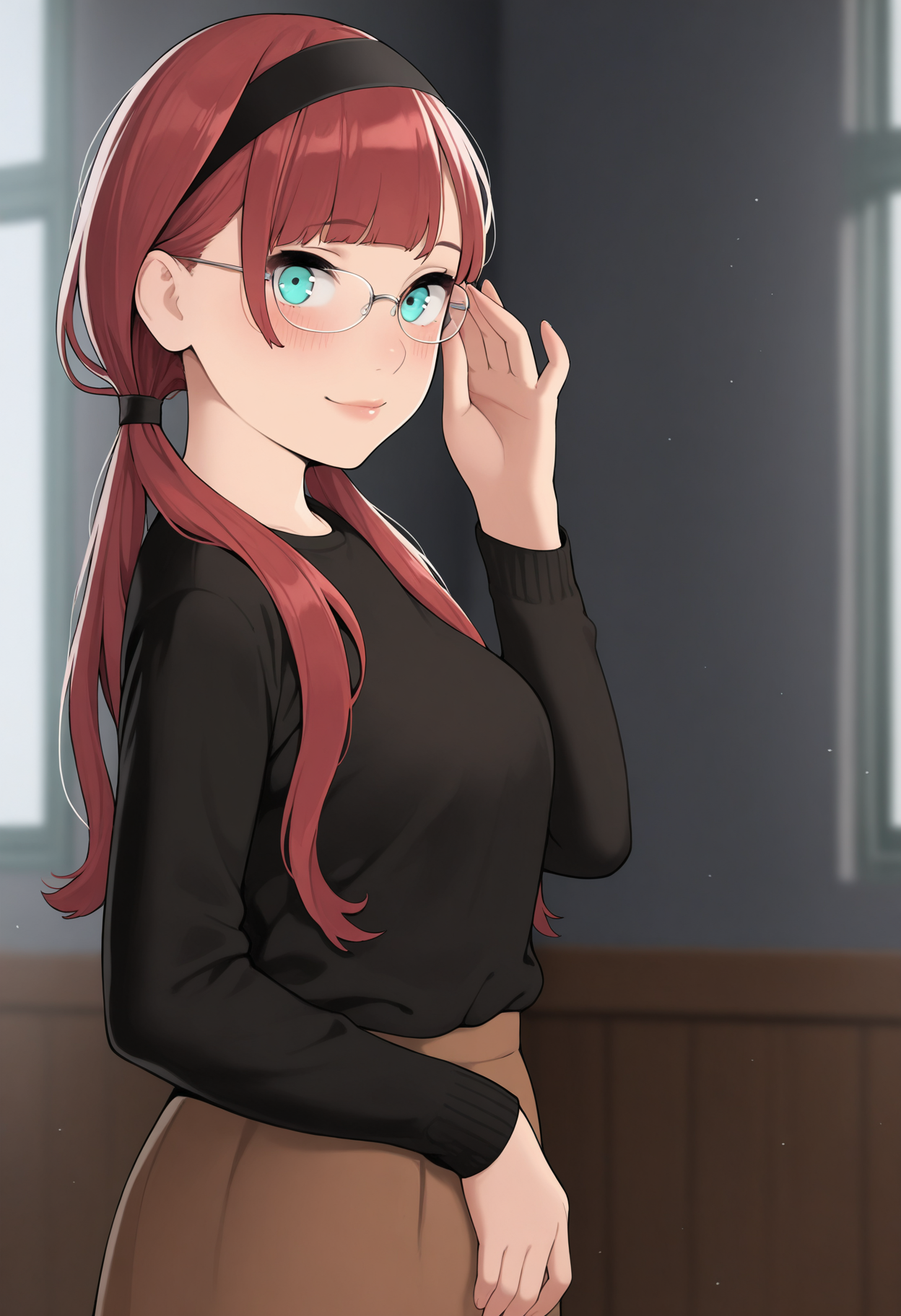 masterpiece,best quality,amazing quality,
1girl, solo, glasses, hairband, red hair, long hair, twintails, looking at viewer, adjusting eyewear, long sleeves, bangs, low twintails, black hairband, alternate costume, blush, black sweater, smile, skirt, sweater, from side, closed mouth, bespectacled, aqua eyes, shirt, black shirt, lips,
<lora:Irotenya:1> <lora:cutepussy:1>