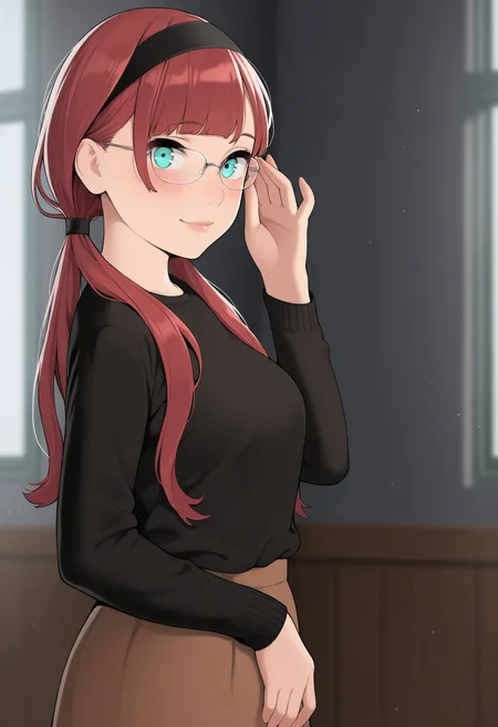 masterpiece,best quality,amazing quality,
1girl, solo, glasses, hairband, red hair, long hair, twintails, looking at viewer, adjusting eyewear, long sleeves, bangs, low twintails, black hairband, alternate costume, blush, black sweater, smile, skirt, sweater, from side, closed mouth, bespectacled, aqua eyes, shirt, black shirt, lips,
<lora:Irotenya:1> <lora:cutepussy:1>