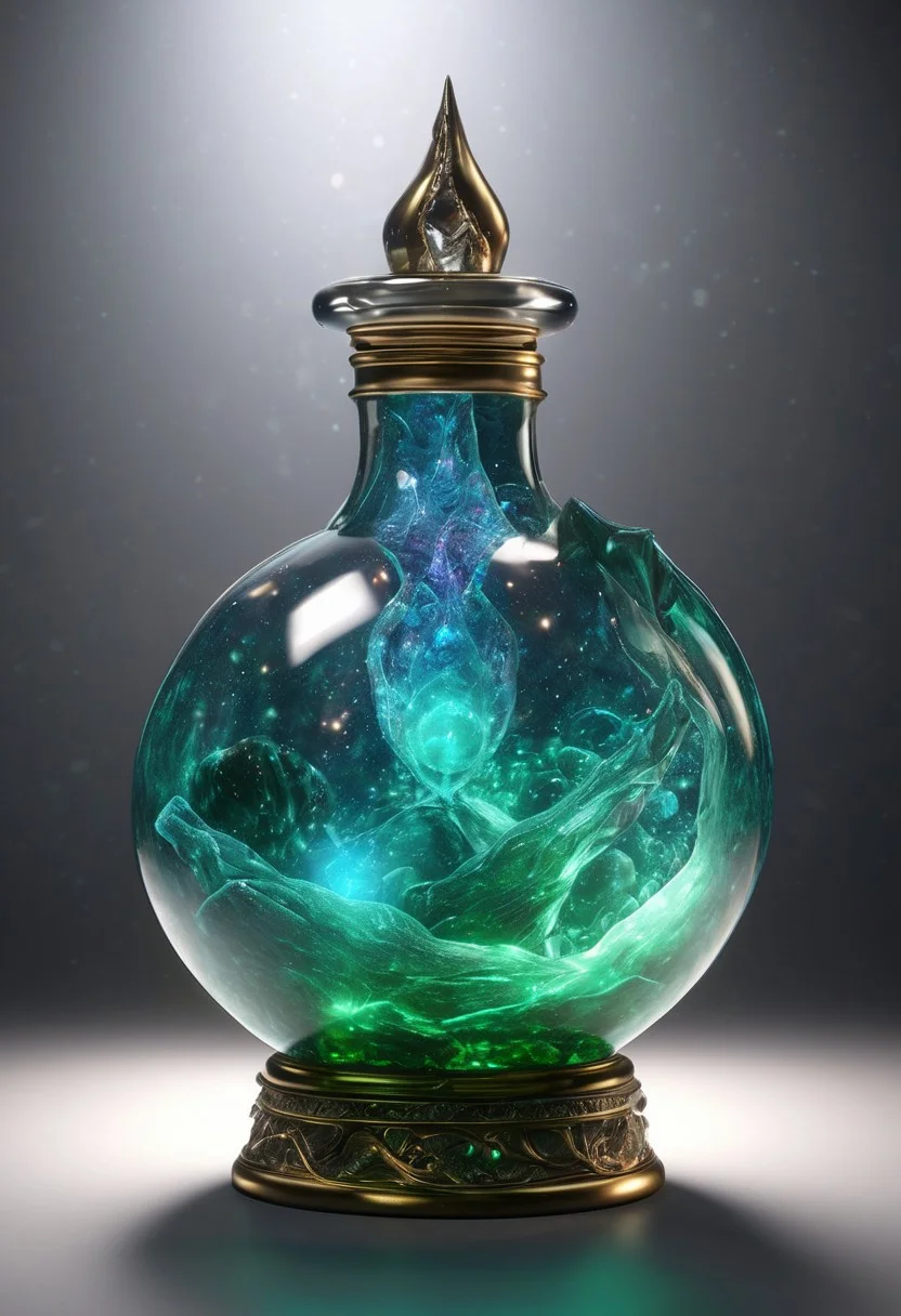 Score_9, Score_8, high_def, highest quality, 4k, best quality, masterpiece, focused, defined, Photorealistic magic potion, intricate glass bottle, elixir, vibrant green and blue colors, ethereal light, wax seal, flashy lights, magic lights, luminous, dynamic reflections, magical aura, highly detailed, fantasy essence, glowing particles, radiant aura, made of sparkling amethyst crystals
