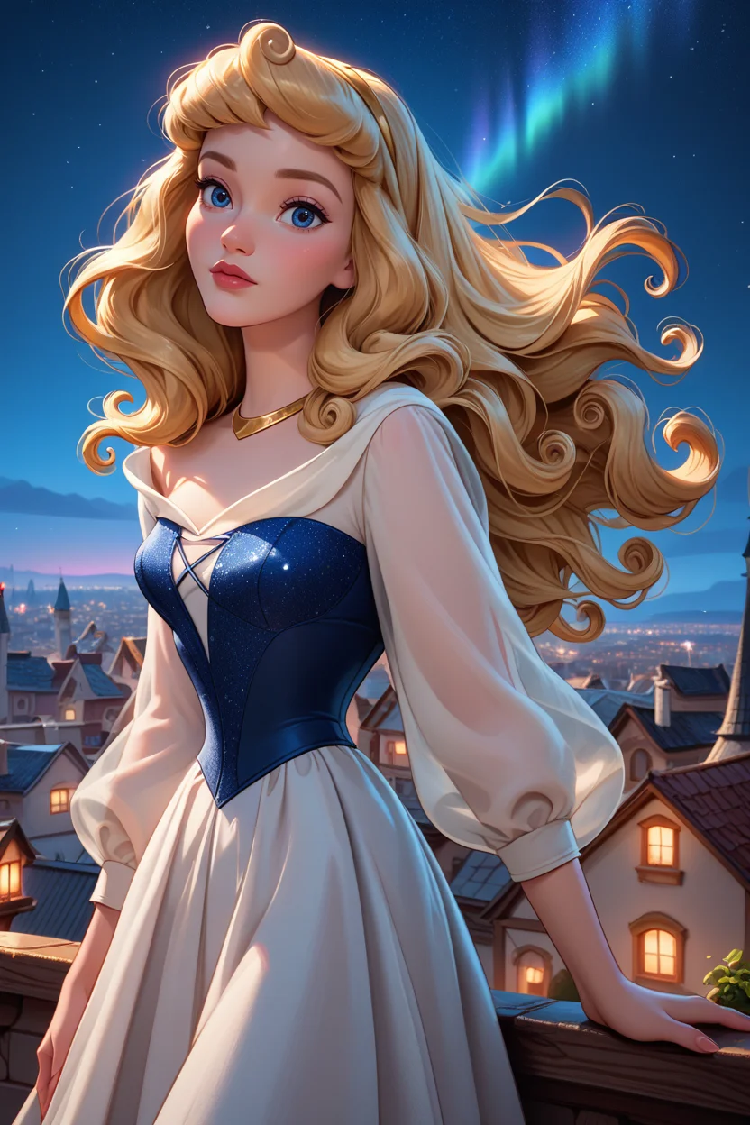 score_9, score_8_up, score_7_up,
<lora:DisneyAurora:0.8>
DisneyAurora, 1girl, blonde hair, blue eyes, long hair, looking at viewer, standing on a rooftop at night, city lights twinkling below, wind gently blowing hair, starry sky above, mysterious and enchanting ambiance