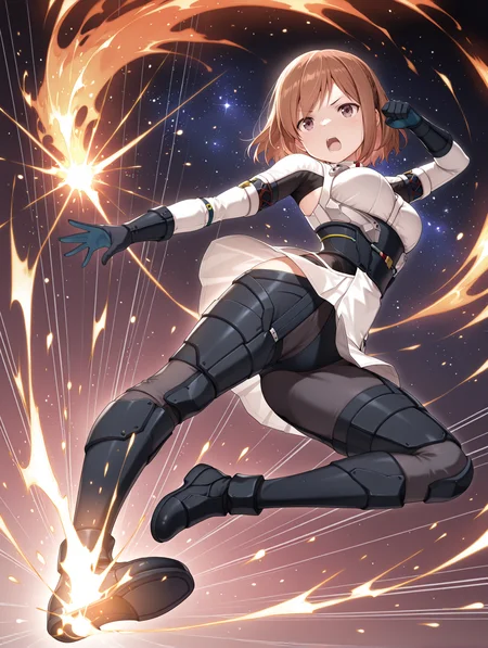 masterpiece,best quality,newest,
1girl,solo,
<lora:shiina_ilxl_v2.7:1>,shiina,short hair,brown hair,purple eyes,
futumushi,gloves,armor,white skirt,hip vent,black footwear,
<lora:Fixhands_anime_bdsqlsz_V1:1>,starry_sky,cinematic_angle,<lora:riderkick_Illust_v1:0.8>,rider kick,flying kick,kicking,jumping,emphasis lines,incoming attack,flying,((motion lines)),motion blur ,sparks,fire,glowing,dynamic_angle,dutch angle,serious,screaming,