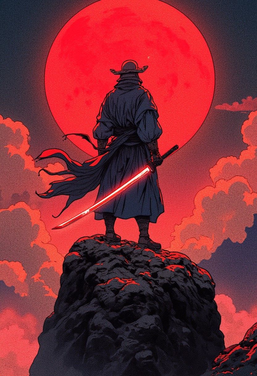 a samurai standing on a rocky cliff. He has his back turned to the viewer, and in the background you can see a huge red moon disk illuminating the stage. The samurai is dressed in traditional clothing, holding a katana with a bright glowing red blade in one hand. Clouds stretch around him, and in the distance you can see the dark silhouette of a mountain. An epic and dramatic atmosphere.