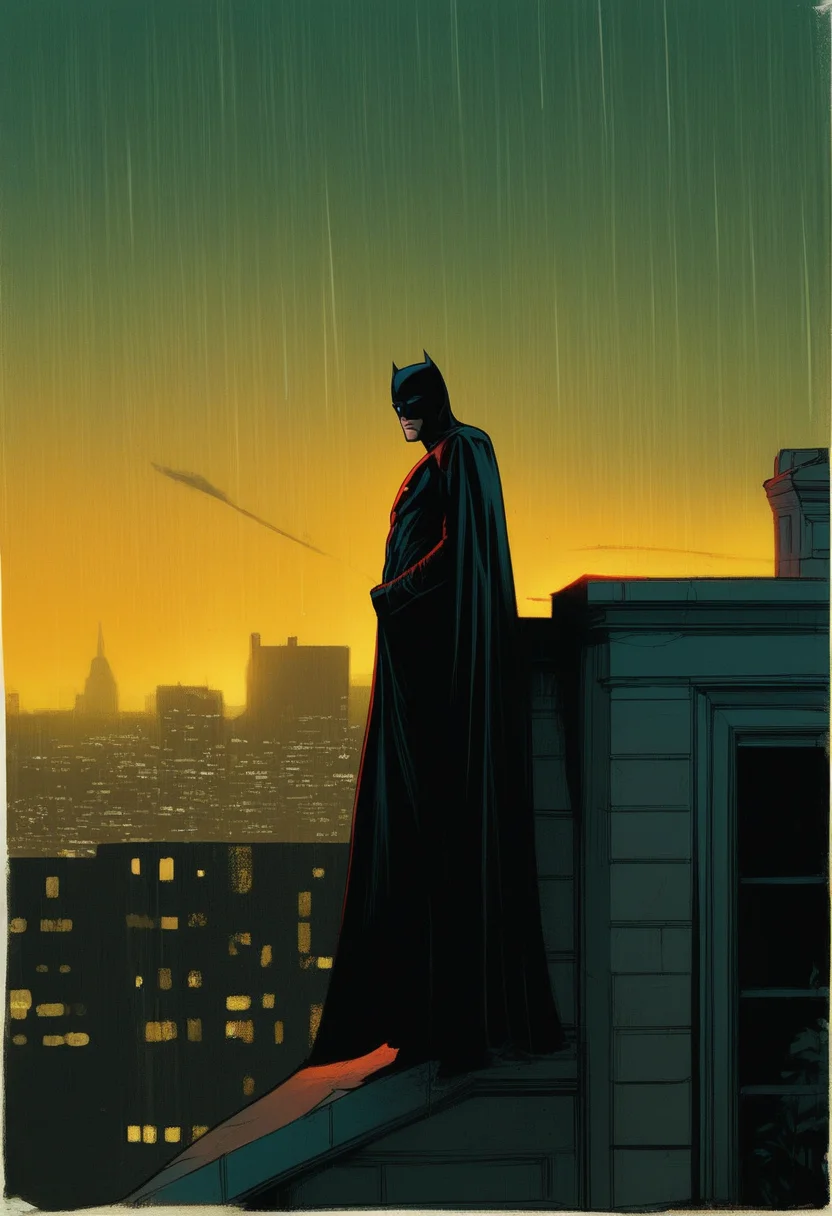 zPDXL3, zPDXLrl, comic book style, illustration, side view, absurdres, cinematic shot,masterpiece, 1boy, jim lee, ((scott campbell)), batman, cape, fluttering in the wind, comic art, standing on the edge of gothic building, imminent jump, detailed face, looking down at the city, under glow on the face, dark night, city, male focus,serious, on roof, on the edge, extremely fit, mask in hand,pensive, serious, cowboy shot, heavy downpour, heavy rain