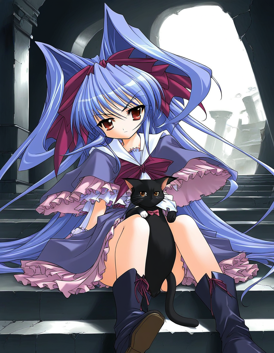 score_9, score_8_up, score_7_up, source_anime, rating_explicit, BREAK  <lora:Shion_mahjong_XL:1> Shion_mahjong, very long hair, blue hair, hair bow, hair intakes, brown eyes,  short stack,
cat, solo,  sitting, stairs, dress, black cat, purple hair, capelet,  red eyes, hair ribbon, bow, serious face, boots, 
ruins, cave,