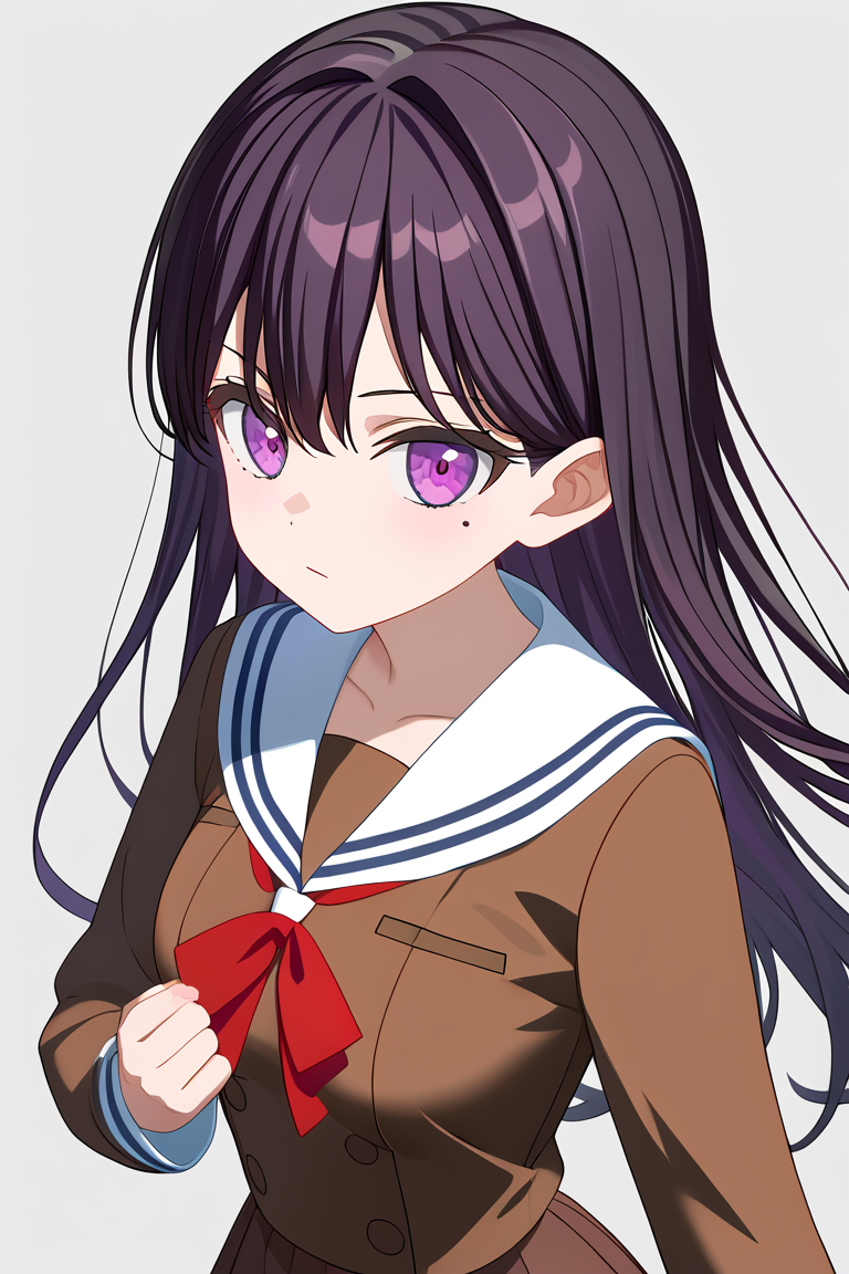 <lora:Shiina_Taki_PonyXL:1>, shiina taki, 1girl, solo, long hair, black hair, purple eyes, mole under eye, mole, bangs, simple grey background, aged up, medium breasts, hanasakigawa school uniform, red neck ribbon, long sleeves, sailor dress, brown dress, white sailor collar, double-breasted, cowboy shot,, best quality, masterpiece, highres,
