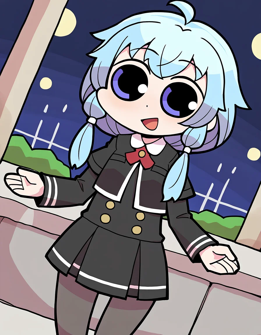 masterpiece, best quality, newest, absurdres, highres, safe, 1girl, sena mikoto \(school uniform\), magia record: mahou shoujo madoka magica gaiden, papa \(shimeguru\), solo, open mouth, outdoors, night, dutch angle, <lora:sena_mikoto_noobaiXLNAIXL_vPred10Version:0.7>