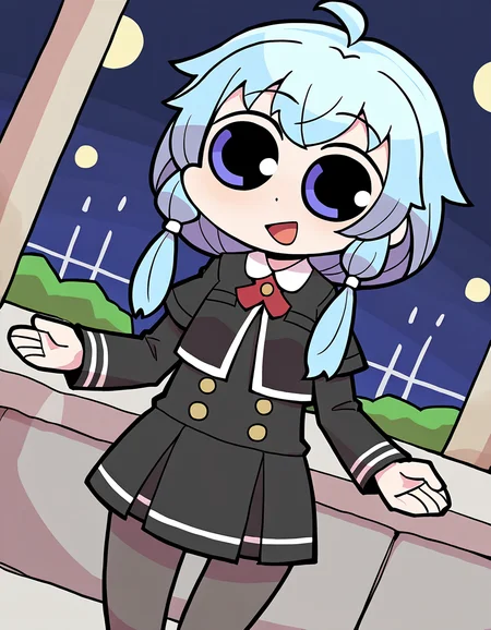 masterpiece, best quality, newest, absurdres, highres, safe, 1girl, sena mikoto \(school uniform\), magia record: mahou shoujo madoka magica gaiden, papa \(shimeguru\), solo, open mouth, outdoors, night, dutch angle, <lora:sena_mikoto_noobaiXLNAIXL_vPred10Version:0.7>