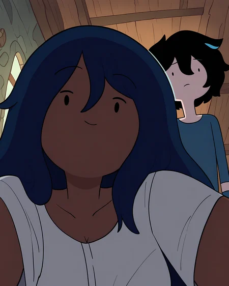 masterpiece, best quality, newest, absurdres, highres, indoors
1boy, 1girl, dark skin, blue hair, black hair, portrait, looking at viewer adventure time, <lora:AdventureTime_ILL:1>