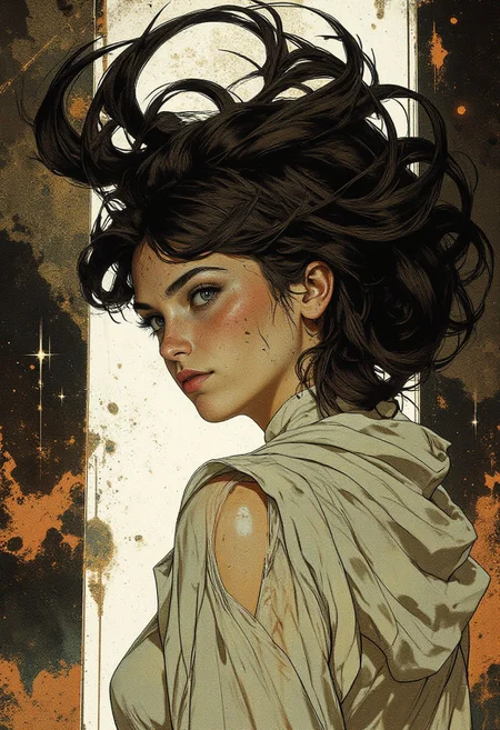 This is a highly detailed, hyperrealistic digital artwork portraying a woman with an ethereal, otherworldly presence. Her pale, smooth skin and delicate, almost translucent features give her a serene yet introspective aura. Her large, expressive eyes hold a melancholic gaze, while her full lips, slightly parted, exude quiet contemplation. Her voluminous hair flows dramatically, resembling an intricate cloud or ink wave, rendered in swirling black and white patterns that convey a sense of depth and movement. The striking contrast between the dark, detailed lines of her hair and the white background emphasizes its dramatic flair. She is draped in a sheer, off-white garment that falls loosely over her shoulders, subtly revealing hints of her bare skin beneath. The garment's soft, delicate texture is crafted with meticulous lines and shading, enhancing its ethereal quality. The background features a blend of dark, earthy tones—predominantly deep browns and blacks—creating a moody and atmospheric setting that harmonizes with her ghostly elegance. This artwork masterfully fuses realism with abstract elements, resulting in a visually captivating piece that balances detail and dreamlike surrealism.