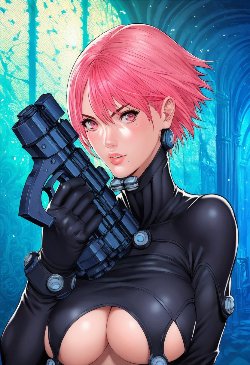 score_9, score_8_up, score_7_up, volumetric lighting, perfect details, background, beautiful,masterpiece,best quality,extremely detailed face,perfect body,1girl, perfect hands,perfect eyes, perfect lighting, flat colors, indoors, room, score_9, score_8_up, score_7_up, score_6_up, dynamic pose, short hair, breasts, brown eyes, bodysuit, large breasts, pink hair, weapon, mole, gun, pink eyes, black bodysuit, underboobs, upper body, face focus, face closeup
