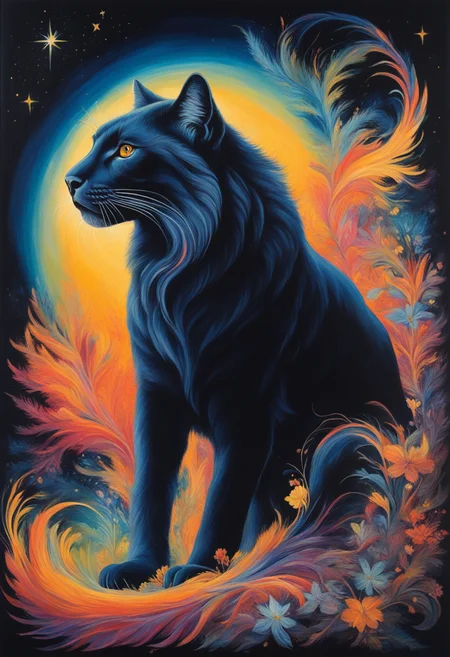 In the vivid strokes of the painting, a majestic plasma prowler emerges, its eyes shimmering with wonder and possibility. The opulent creature is rendered in a captivating mix of vibrant colors against a velvety black backdrop, resembling a star-studded night sky. This gouache painting brilliantly captures the essence of the mystical creature, boasting intricate details and meticulous brushwork. Every brushstroke showcases the artist's exceptional skill, resulting in a high-quality image that exudes a sense of awe and allure.