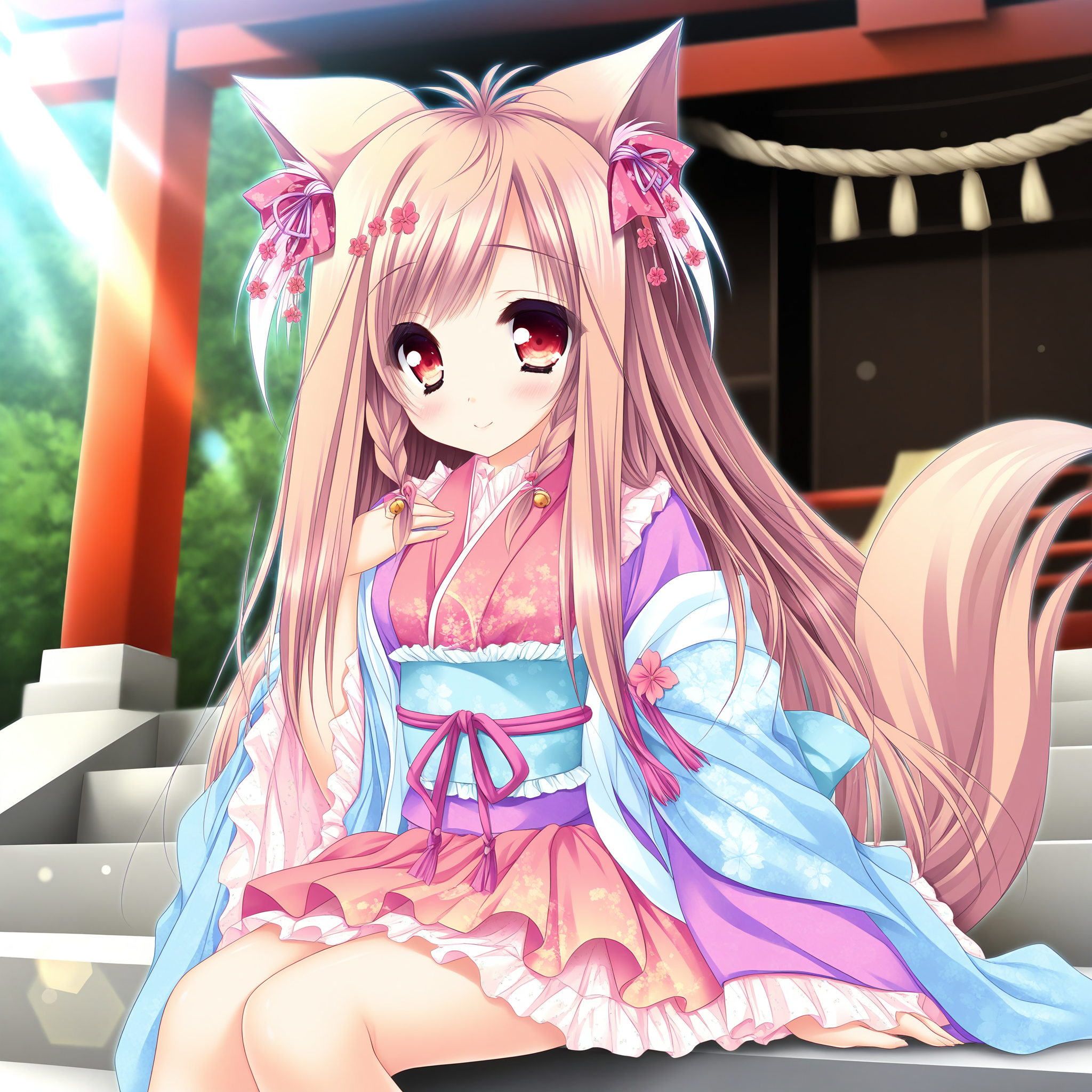 <lora:Mito_Kohaku_1_illu-000042:1>,Mito Kohaku,brown hair,twin braids,hair bell,hair flower,hair ornament,fox ears,fox tail,
japanese clothes,kimono skirt,short kimono,sash,obi,frilled kimono,frills,floral print,layered skirt,frilled skirt,wide sleeves,
1girl,solo,sitting,on stairs,torii,shrine,outdoors,day,looking at viewer,smile,depth of field,lens_flare,
