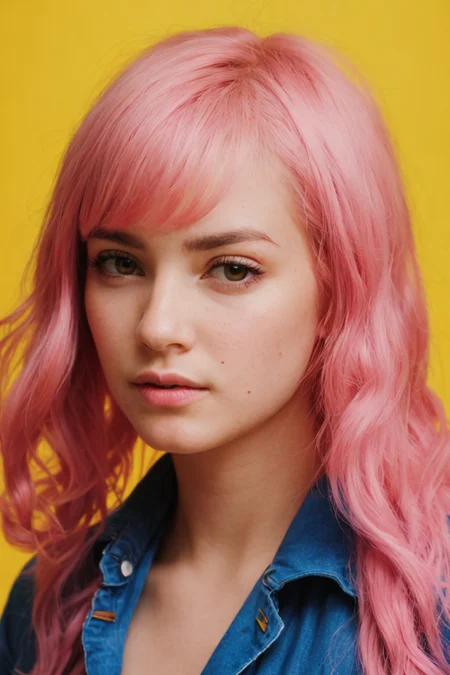 Film still, cinematic,, flash photography, 2005 cute emo woman by sachin teng, scene girl, pastel hair, vibrant yellow background, 80s art by ettore sottsass and shiro kuramata, sharp focus, detailed skin texture, detailed eyes,