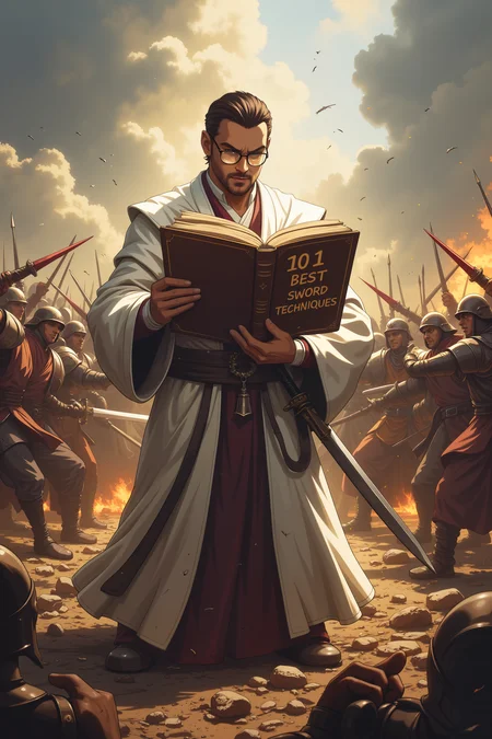 Amid the chaos of a battlefield littered with clashing swords and lunging warriors, a man stands calmly in the center, flipping through the worn pages of a book titled "101 Best Sword Techniques." His pristine robes remain untouched by the fray, his glasses reflecting the bright steel flashing all around him. A sword dangles loosely in his free hand, barely raised in defense, while arrows and blades narrowly miss him, frozen mid-air as if fate itself hesitates to interrupt his reading. Behind him, furious opponents charge, their faces contorted in disbelief, while his expression remains serene, absorbed in the wisdom of the written word.<lora:aesthetical-000003:0.15><lora:aidmaNSFWunlock-FLUX-PonyStyle-v0.1:0.15><lora:Flux-jijia:0.1><lora:GLSHS:0.6>
