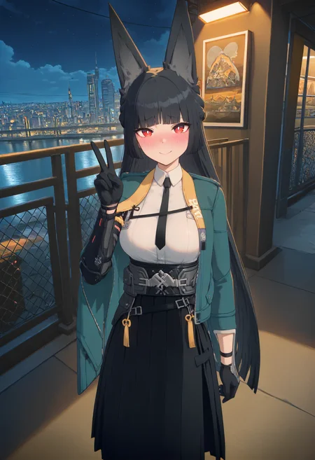 masterpiece, best quality, amazing quality, very aesthetic, absurdres, newest, scenery, volumetric lighting, perfect eyes, ultra detailed,
1girl, Hoshimi Miyabi, solo, black fox ears, black hair, bangs, long hair, red eyes, white pupils, 
green cape jacket, white shirt, black tie, belt, clasp, black gloves, long skirt, black skirt, open side skirt, pantyhose, black boots,
standing, looking at viewer, gentle smile, blushing, nervous smile, peace sign,
city, night sky, beautiful frame, backlighting,
<lora:Hoshimi_Miyabi_-_Zenless_Zone_Zero_ZZZ__Illustrious:1>
masterpiece, best quality, amazing quality, very aesthetic, absurdres, newest, scenery, volumetric lighting, perfect eyes, ultra detailed,