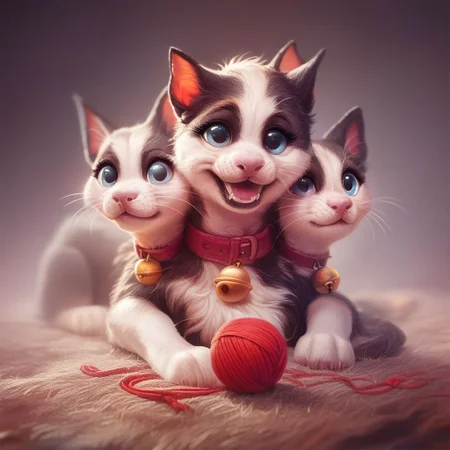 score_9,score_8_up,score_7_up,score_6_up,cerberus,source_pony, cats, cute, kitten, collar, bell, big eyes, energetic, yarn ball,