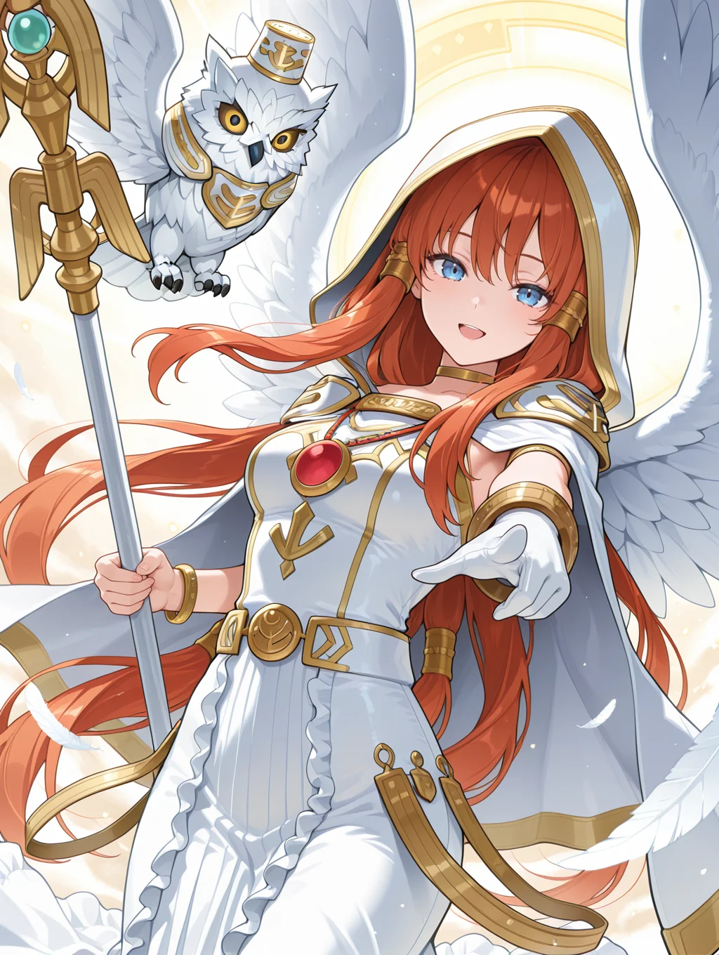 minerva - the exalted lightsworn, 1girl, 1other,staff, solo, looking at viewer, smile, pointing at viewer, open mouth, holding staff, white owl, gold hair tubes, angel wings, gold choker, white cape, white long dress, single white glove, hood up, white hood, gold bracelet, red jewelry
masterpiece,best quality,amazing quality,very aesthetic,absurdres,newest,<lora:Minerva, the Exalted Lightsworn illuXL v1.1:0.75>,