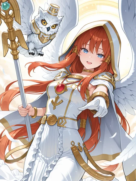 minerva - the exalted lightsworn, 1girl, 1other,staff, solo, looking at viewer, smile, pointing at viewer, open mouth, holding staff, white owl, gold hair tubes, angel wings, gold choker, white cape, white long dress, single white glove, hood up, white hood, gold bracelet, red jewelry
masterpiece,best quality,amazing quality,very aesthetic,absurdres,newest,<lora:Minerva, the Exalted Lightsworn illuXL v1.1:0.75>,