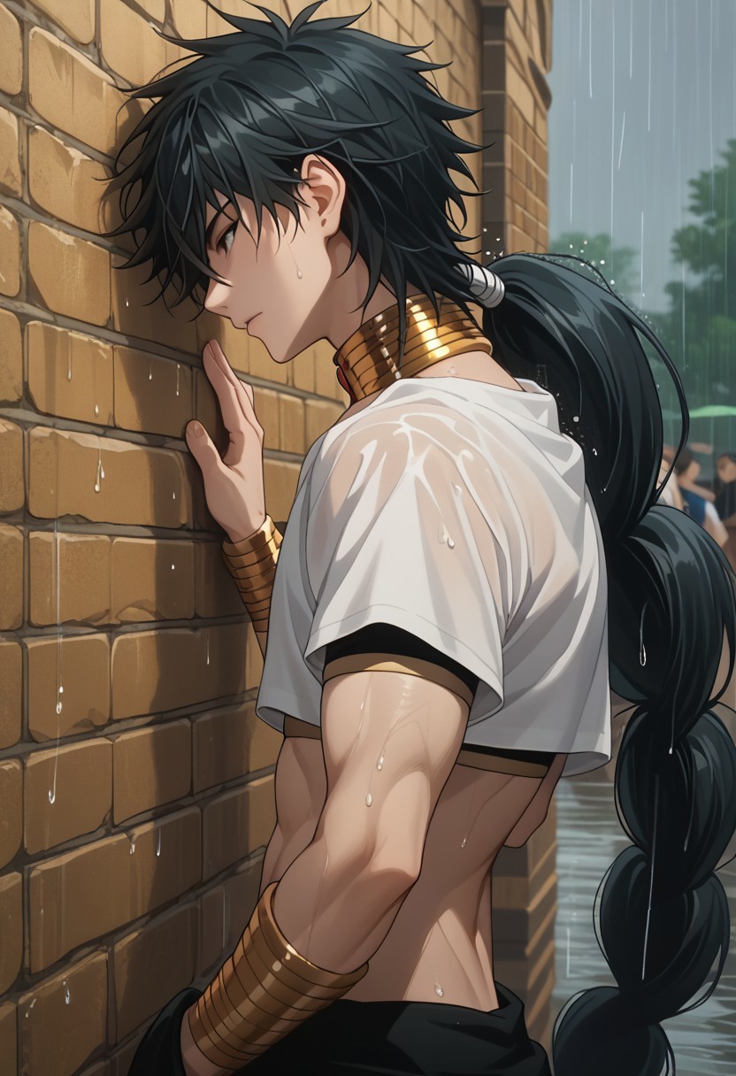 score_9, score_8_up, score_7_up, source_anime, rating_safe, Judmag, 1boy, male focus, anime screencap, white indian chunnari, black midriff choli, gold neck ring, gold bangel bracelet, hands in pocket, leaning against wall, from side, raining, from behind, XDDDD y he facin the wall 