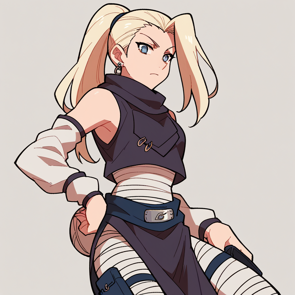 score_9,score_8_up,score_7_up,score_6_up, < <lora:Ino_Genin_Pony-000007:1>, inog, 1girl, solo, bandana around waist, pelvic curtain, long hair, ponytail,  blue eyes, blonde hair, earrings, bandaged waist,  detached sleeves, bandaged leg, crop top, sleeveless, thigh pouch, scarf,