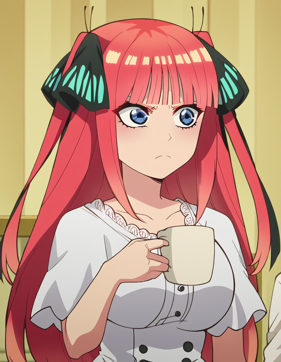 score_9, score_8_up, score_7_up, source_anime, <lora:nnakano-s2-ponyxl-lora-nochekaiser:1>, long hair, bangs, blue eyes, hair ornament, hair ribbon, pink hair, blunt bangs, two side up, butterfly hair ornament, large breasts, anime screencap, <lora:shinji-holding-a-mug-ponyxl-lora-nochekaiser:1>, shinji holding a mug, holding, cup, frown, holding cup, mug, indoors, solo, ,