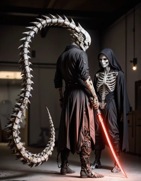 SentinelBot. A photo-realistic digital illustration shoot from the side about a futuristic, alien-like creature with a long tail and glowing red lightsaber, standing confidently in a dimly lit indoor environment. the image also shows a skeletal, humanoid figure in the middle of the image, who appears to be a male, standing with a katana in hand, facing away from the viewer. the figure is dressed in a black, textured, form-fitting outfit with intricate, skeletal details, and has a menacing expression. on the right side of the figure, a long, sharp, red lightsaber is held firmly in its right hand, emitting a bright, glowing light. the creature's tail is made up of multiple spikes, giving it a skeletal appearance. the background is a dark, industrial setting with blurred lights, creating a dramatic and ominous atmosphere. the overall aesthetic is dark and ominous, with a focus on the character's menacing presence. <lora:The_Vanguard:1.1>