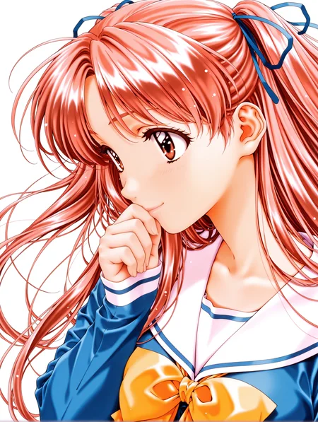 masterpiece,best quality,newest,
1girl,solo,
retro artstyle,<lora:sawatari_honoka_ilxlv1.5:1>,s_honoka,pink hair,hair ribbon,two side up,long hair,brown eyes,
h_clothes,long sleeves,white sailor,blue clothes,yellow bowtie,
<lora:Fixhands_anime_bdsqlsz_V1:1>,
<lora:Fixhands_anime_bdsqlsz_V1:1>,white_background,simple_background,upper_body,standing,smile,profile,floating hair,hand to own mouth,face_focus,looking ahead,