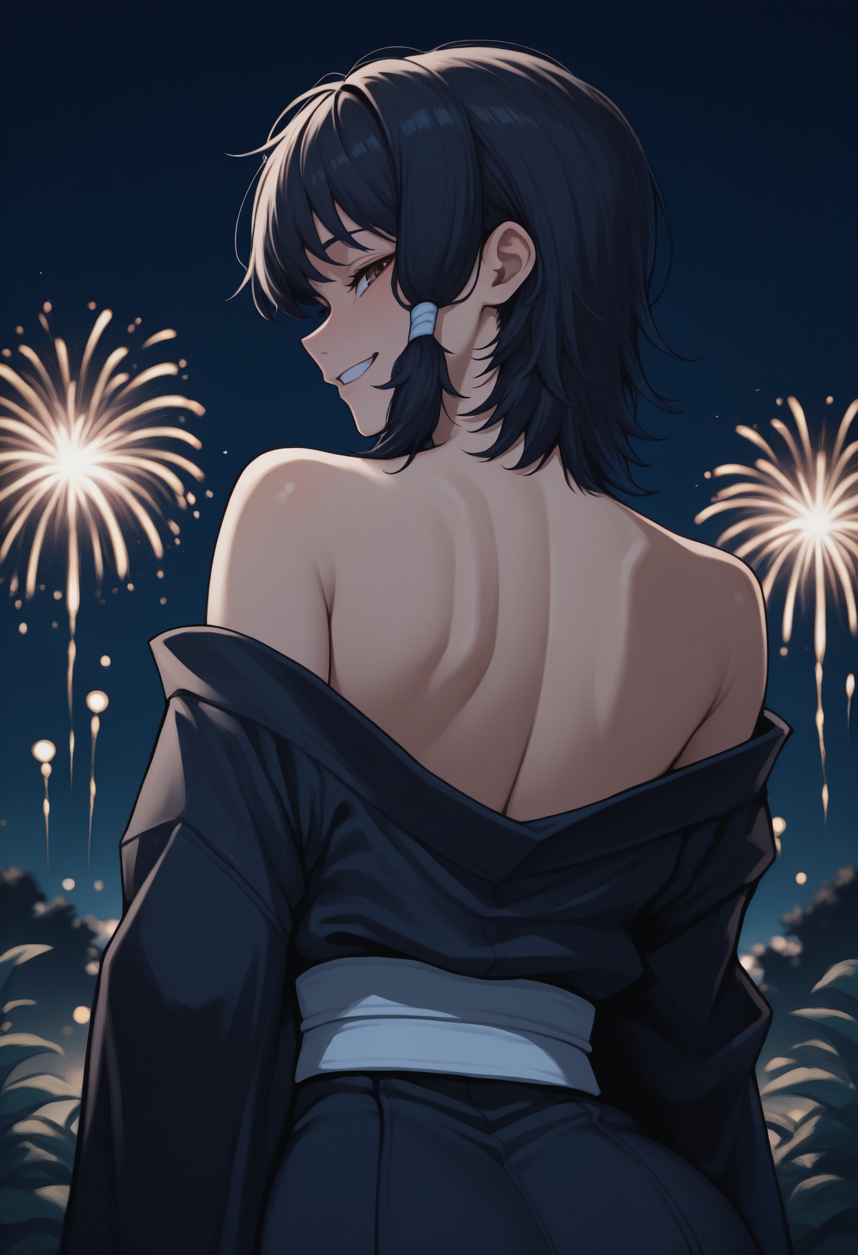 anime, masterpiece, best quality, <break> from behind, solo, 1girl, m1fune, smile, looking back, short hair, black hair, hair tubes, brown eyes, japanese clothes, black kimono, off shoulder, white sash, bare shoulders, outdoors, night, fireworks
<segment:yolo-Anzhc Face seg 640 v2 y8n.pt,0.4,0.5//cid=1>