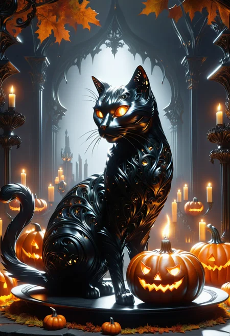hyper detailed masterpiece, dynamic, awesome quality, DonMSt33lM4g1cXL black cat, shadowy, pumpkin pie, cursed candelabras, tombstones,, made of steel, shiny <lora:DonMSt33lM4g1cXL-v1.1-000008:1>