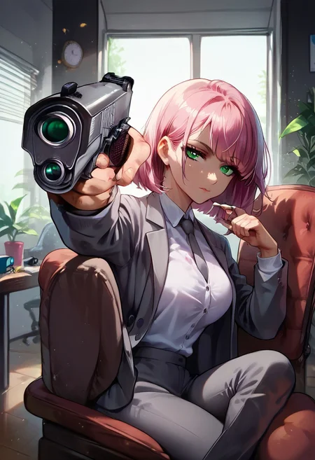 score_9, score_8_up, score_7_up, source_cartoon, solo, 1girl, sexy girl, bangs, large_breasts, green_eyes, pink_hair, medium_hair, button-up white shirt, formalwear, ((business suit))), (((gray suit))), white shirt, gray necktie, gray jacket, armpits, expressionless, flexible, 1940, noir <lora:Neon_Noir_Pony:0.8>, sitting in detective's office, Side Lounging Pose, holding weapon, handgun, holding gun, aiming at viewer, revolver, finger on trigger, ass, boots, venetian blinds, reading lamp, comic style, noir, solo, close up, winter colors