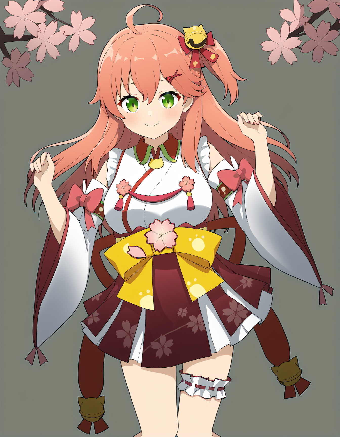 sakura miko,sakura miko \(1st costume\),hololive,1girl ,ahoge ,bell ,breasts ,bridal garter ,cherry blossom print ,floral print ,green eyes ,grey background ,hair bell ,hair ornament ,hairclip ,heart ,looking at viewer,<lora:miko:1>