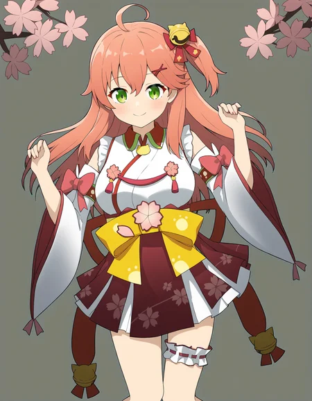 sakura miko,sakura miko \(1st costume\),hololive,1girl ,ahoge ,bell ,breasts ,bridal garter ,cherry blossom print ,floral print ,green eyes ,grey background ,hair bell ,hair ornament ,hairclip ,heart ,looking at viewer,<lora:miko:1>