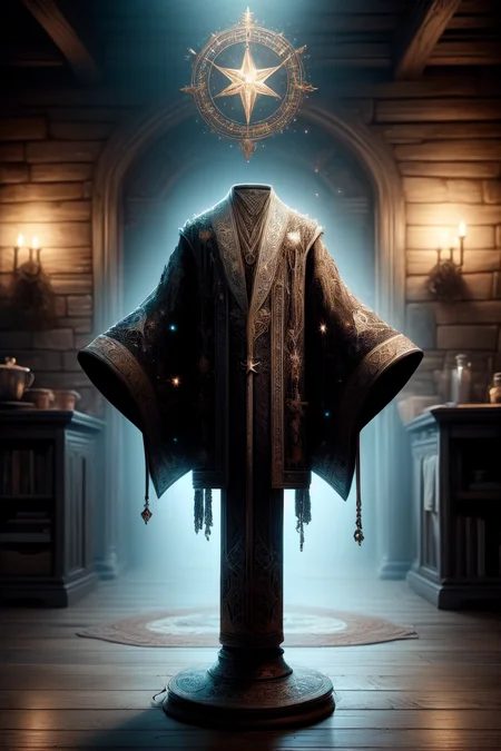 a wizard robe floating over a pedestal, masterpiece, best quality, hdr, 8k, dynamic pose, <lora:Mild detail adjusterV10:0.7>, <lora:more_details:0.3>,   <lora:wizardrope:0.6> Wizardrope <lora:typography-astrology-style-darquelilly-v1:0.7> typologyastrologystyle, prize at the end of the dungeon