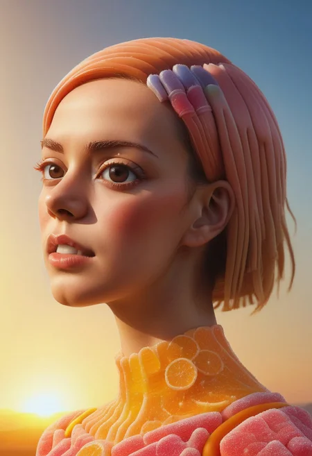 score_9, score_8_up, score_7_up, Close-up details, realistic style photo,  portrait_futurism, candy, 
1woman, Nagatoro_Hayase, portrait, from side, short hair, thick eyebrows, 
sunset, golden houre,