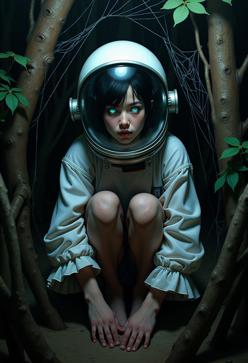 score_9, score_8_up, score_7_up, easynegative, Expressiveh, spiderweb cave, underground, glitch, flickering, digital, glitch style, 
20-year-old female, astronaut helmet, country bumpkin, solo focus, solo, encased within cocoon (spiderwebs, twigs, leaves), feet tucked in, 4 legs, 4 arms, crouching, threatening, tilted slightly: 1.5), astronaut helmet, country bumpkin, cute, expressive, dark hair, skindentation, solo focus, tanlines, skinny, freckles, face focus, feet, orgasm face, 
dark shadow, tight space, black shadows, glowing eyes, glowing teeth,