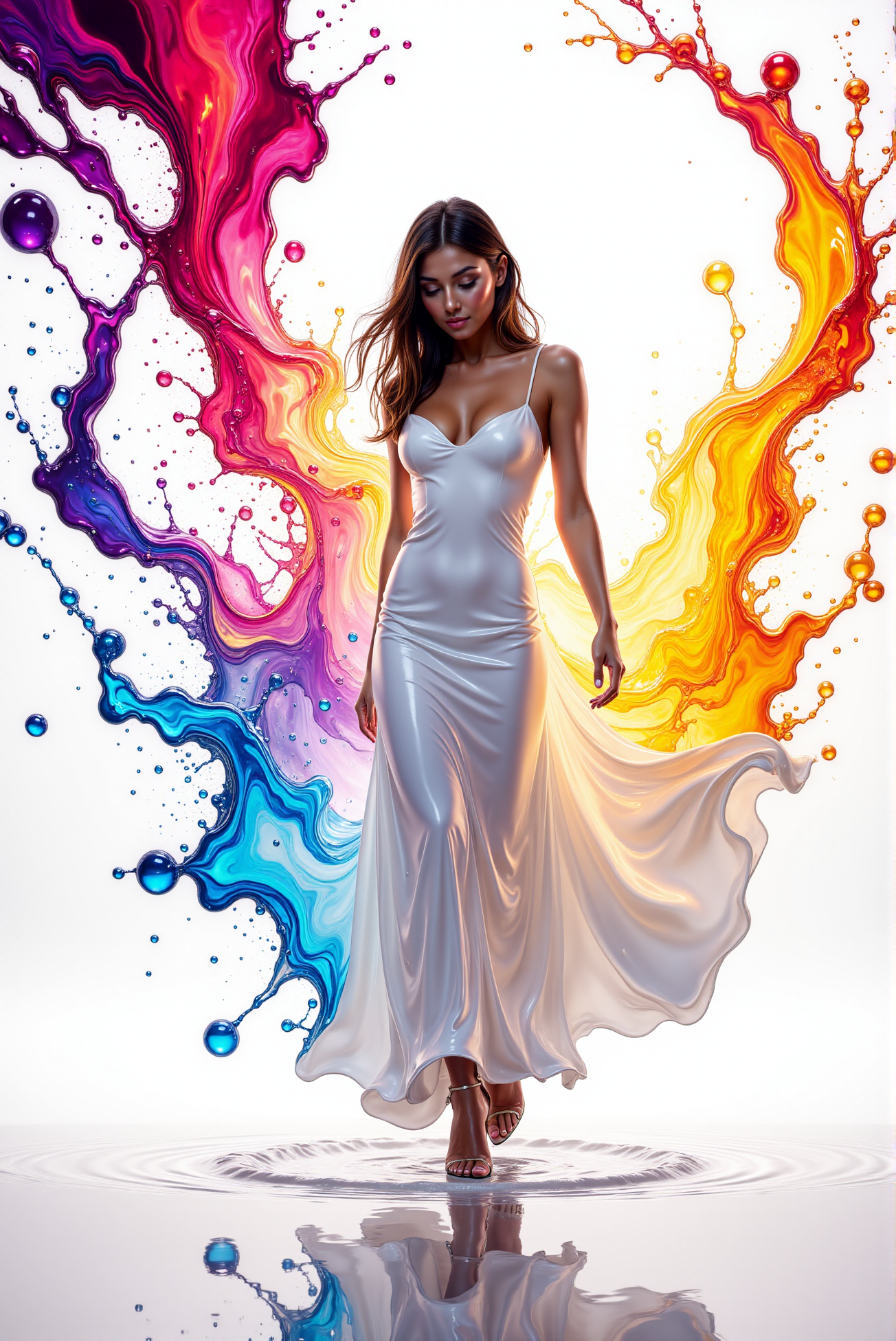 <lora:Vibrant_Splash:0.7>
A figure of a young woman in a sleek white dress emerges against a backdrop of swirling intricately and smoothly, vibrant auroras that mimic the beauty of the luminous northern lights. The cascading waves of glowing brightly neon shades—crimson, golden amber, sapphire, and ultraviolet—spiral around her as if drawn to her movement. Her pose is dynamic and elegant as in faint dance, with the hem of her dress dissolving into the luminous spectrum of glowing brightly hues, giving the impression that she herself is a part of the energy bursting forth. The light emanates in splashes and streaks, as though the colors are vibrant, glowing brightly liquid light thrown into the air, each drop sparkling with a glossy bright glints. The woman has small, neat head, her face has delicate features and adorned with gentle smile. She has slender physique and graceful, elegant posture. She has long, smoothly flowing on the wind hair. She wears glossy high heels. (The white background and perfectly clean, empty, reflective, infinite floor enhance the stark contrast:1.1), drawing focus to the radiant dance of glowing brightly colors and the elegantly moving figure at its core. The scene feels alive, as if the woman controls the elements of light and energy around her. (A volumetric, reflective liquid formation, a delicate yet powerful fusion of luminous colors. At the heart of the design, a glowing brightly voluminous splash of vibrant liquid erupts, with its glossy splatters glowing warmly and radiating outward into cascading luminous streams. The liquid light flows form intricate patterns of droplets and tendrils, resembling frozen splashes that spiral outward. The outer edges feature spherical droplets of both light and vibrant color, highlighting the metallic reflections and emphasizing the ethereal quality of the volumetric splash shape. The composition should feel dynamic, like a symphony frozen in liquid form:1.2).