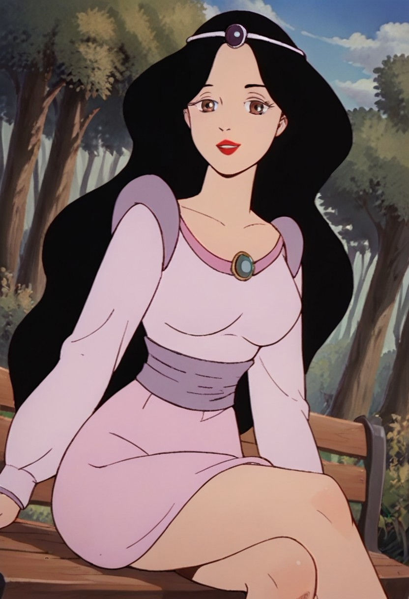 score_9_up, score_8_up, score_7_up, 1980s (style), retro artstyle, source_cartoon, rating_safe 
JetLagSnowWhite, 1girl, black hair, long hair,  lipstick, makeup, red lips, brown eyes, tiara, circlet, jewelry, gem, dress, long sleeves, pink dress, purple dress, white dress,
solo, smug, sitting, crossed legs, outdoors, 1girl, bench, trees, sky, clouds, sun, looking at viewer, day, forest, cowboy shot, upper body focus, (Dutch angle:1.4), thighs