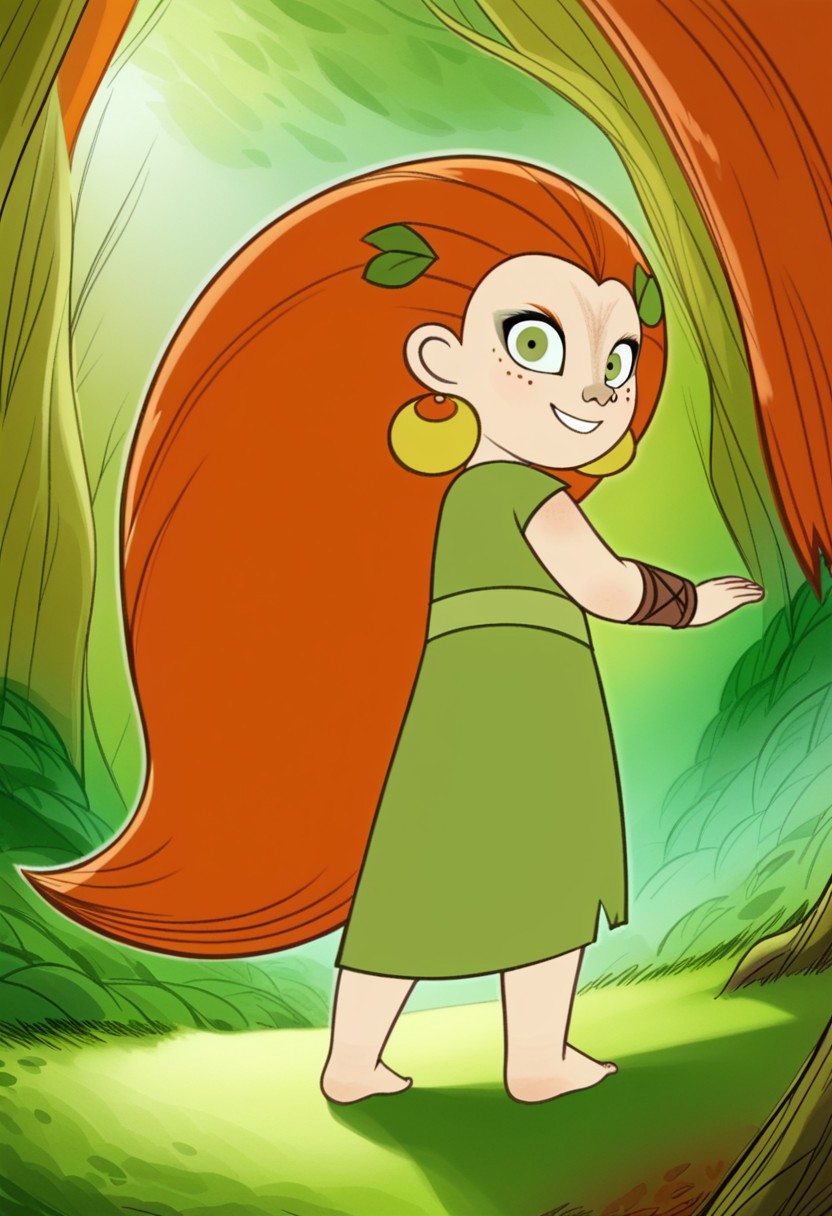 (zPDXL3), full body, solo, 1girl, best quality, 1girl, solo, mebh_human, green eyes, long hair, orange hair, earrings, barefoot, earrings, jewelry, leaf, freckles,  looking at viewer, from behind, smile, dynamic pose, outdoors, forest, dynamic angle 