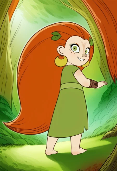 (zPDXL3), full body, solo, 1girl, best quality, 1girl, solo, mebh_human, green eyes, long hair, orange hair, earrings, barefoot, earrings, jewelry, leaf, freckles,  looking at viewer, from behind, smile, dynamic pose, outdoors, forest, dynamic angle 