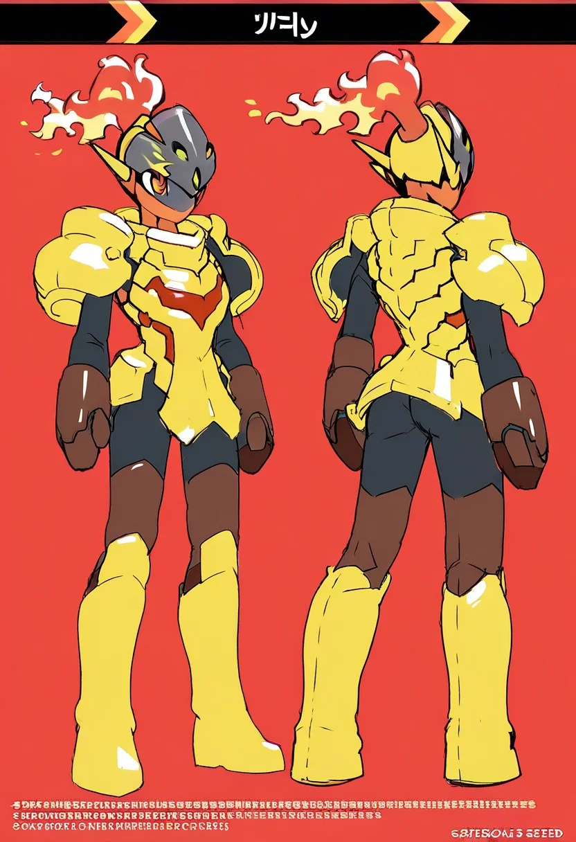 score_9, score_8_up, score_7_up, pokemon, armarouge, pauldrons, armor, fiery ponytail, helmet, standing, 
,concept art, metalslugxl, reference sheet