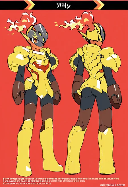 score_9, score_8_up, score_7_up, pokemon, armarouge, pauldrons, armor, fiery ponytail, helmet, standing, 
,concept art, metalslugxl, reference sheet