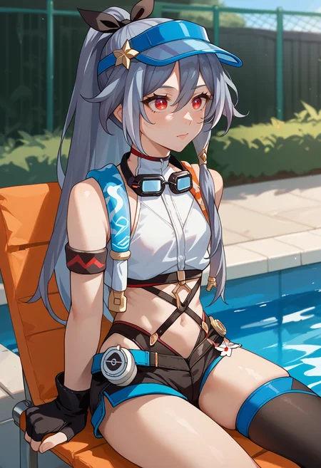 score_9, score_8_up, source_anime, HuaSummer, red eyes, grey hair, white streaks, long hair, high ponytail, blue visor cap, black hair bow, goggles around neck, swimsuit, navel, white crop top, harness, sleeveless, armband, shorts, black gloves, fingerless gloves, single thighhigh, black thighhighs, poolside, sitting, on pool chair, <lora:ChamFuHuaPonyXL:1>